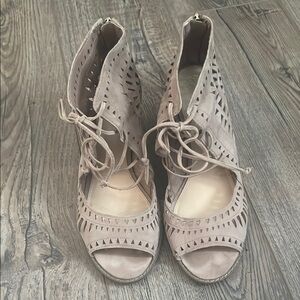 Vince Camuto Taupe Lace-Up Peep Toe Boots